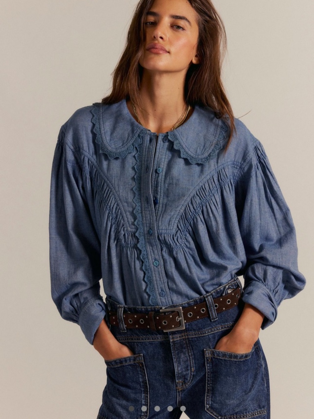 New Free People Baby Blues Summit Collared Denim Blue Chambray Cotton Shirt XS